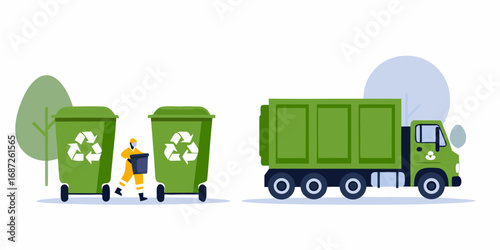 Sanitation worker collecting waste from recycling bins with a green garbage truck in the background