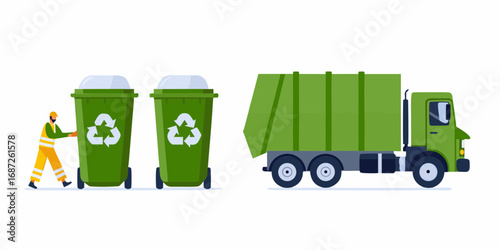 Sanitation worker pushing recycling bins towards a green garbage truck on a white background
