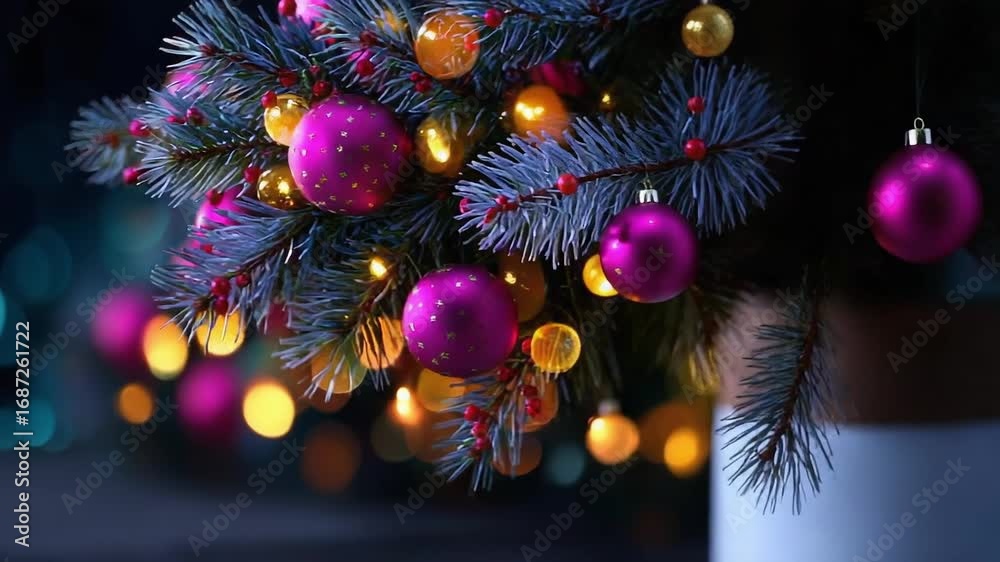 A Christmas tree branch decorated with colorful baubles and twinkling lights.