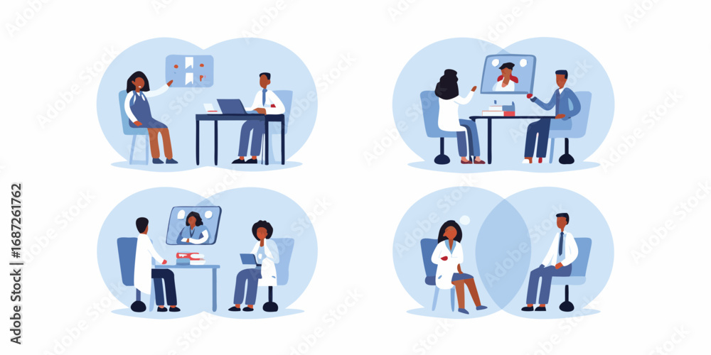 Fototapeta premium Diverse medical professionals collaborating and consulting in various healthcare settings and virtual meetings