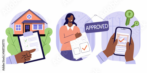 Illustration of the home buying process from application to approval and receiving keys