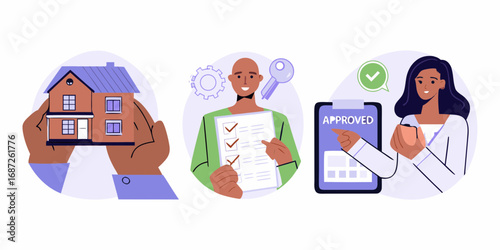 Real estate transaction process showing house approval and key handover with checklist and approved document