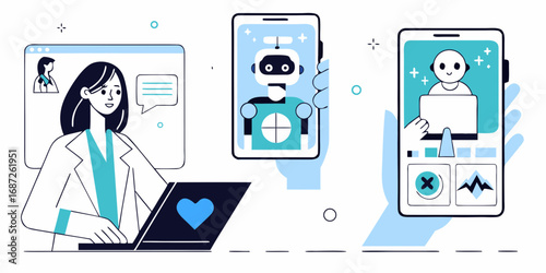 Doctor using laptop and smartphone for telemedicine and ai healthcare consultation
