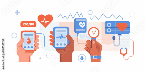 Illustration of hands holding medical devices for monitoring vital signs like blood pressure and heart rate