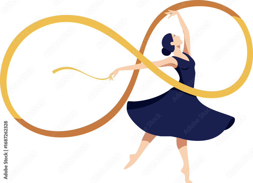 Naklejka premium Rhythmic gymnast dancing with golden ribbon performing elegant dance movement vector illustration