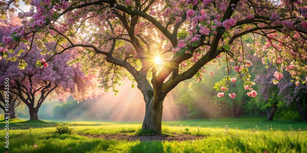 Fototapeta premium Radiant Dawn A Majestic Blossom Tree Bathed in Golden Sunlight, Surrounded by a Serene Spring Meadow