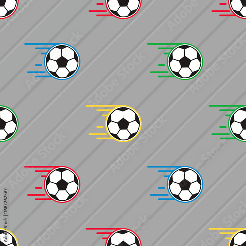 Seamless pattern of soccer balls with colorful motion lines against a gray background.