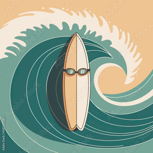 A stylized surfboard atop a large, rolling ocean wave, with sunglasses positioned on the board.