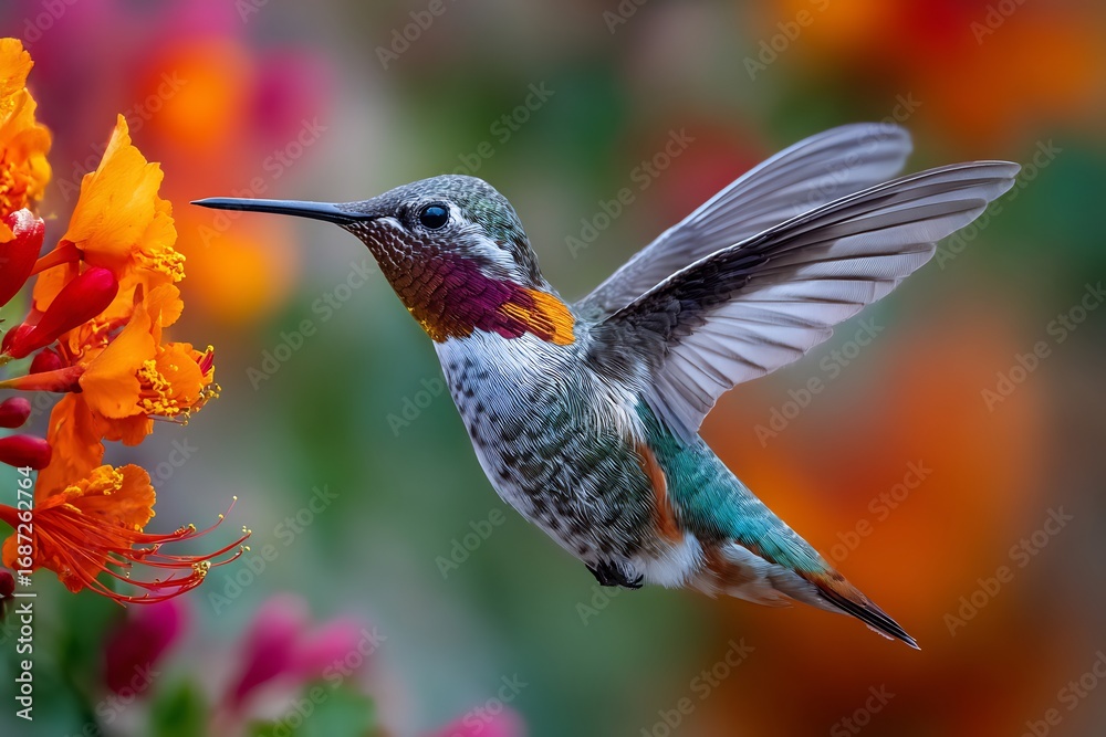 Fototapeta premium Rufous hummingbird feeding on orange flowers with a blurred background
