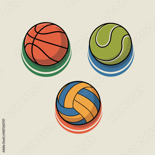 Three illustrated sports balls, basketball, tennis, and volleyball, on a neutral background.