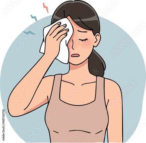 Woman wiping sweat with towel after exercise feeling hot and tired in warm weather vector illustration
