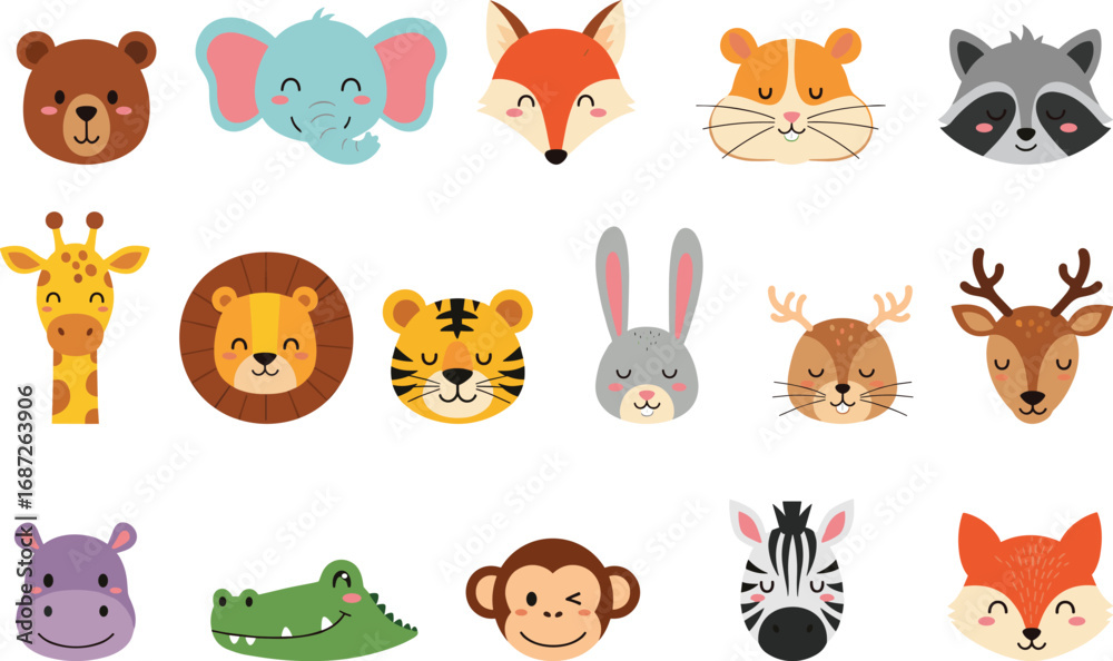 Obraz premium Cartoon animal face vector set, cute character grid for kids, educational design for nursery, children’s book, decor, clipart