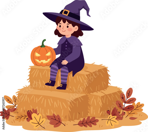 Cute little witch sitting on haystack with carved pumpkin and autumn leaves Halloween vector illustration