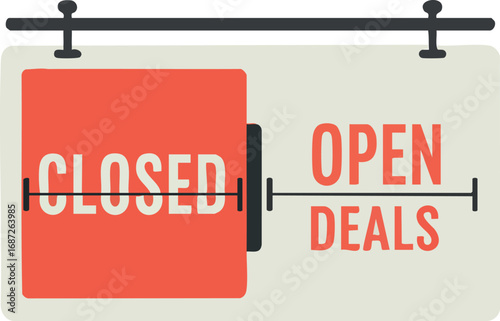 Open closed signboard with deals promotion vector concept for business marketing and retail sales strategy