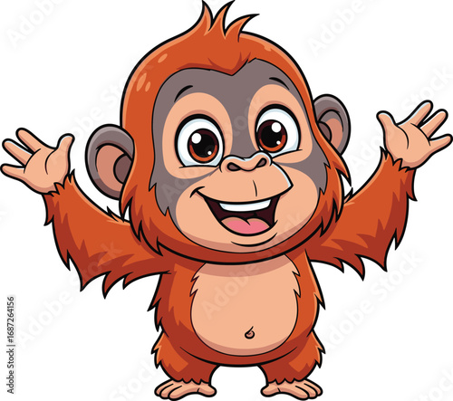 Cartoon baby orangutan character, smiling monkey pose, expressive animal mascot, kids illustration, vector art, cad drawing flat vector illustration