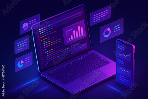 An isometric illustration of a laptop and a smartphone, displaying code, graphs, and charts, representing software development and data analysis