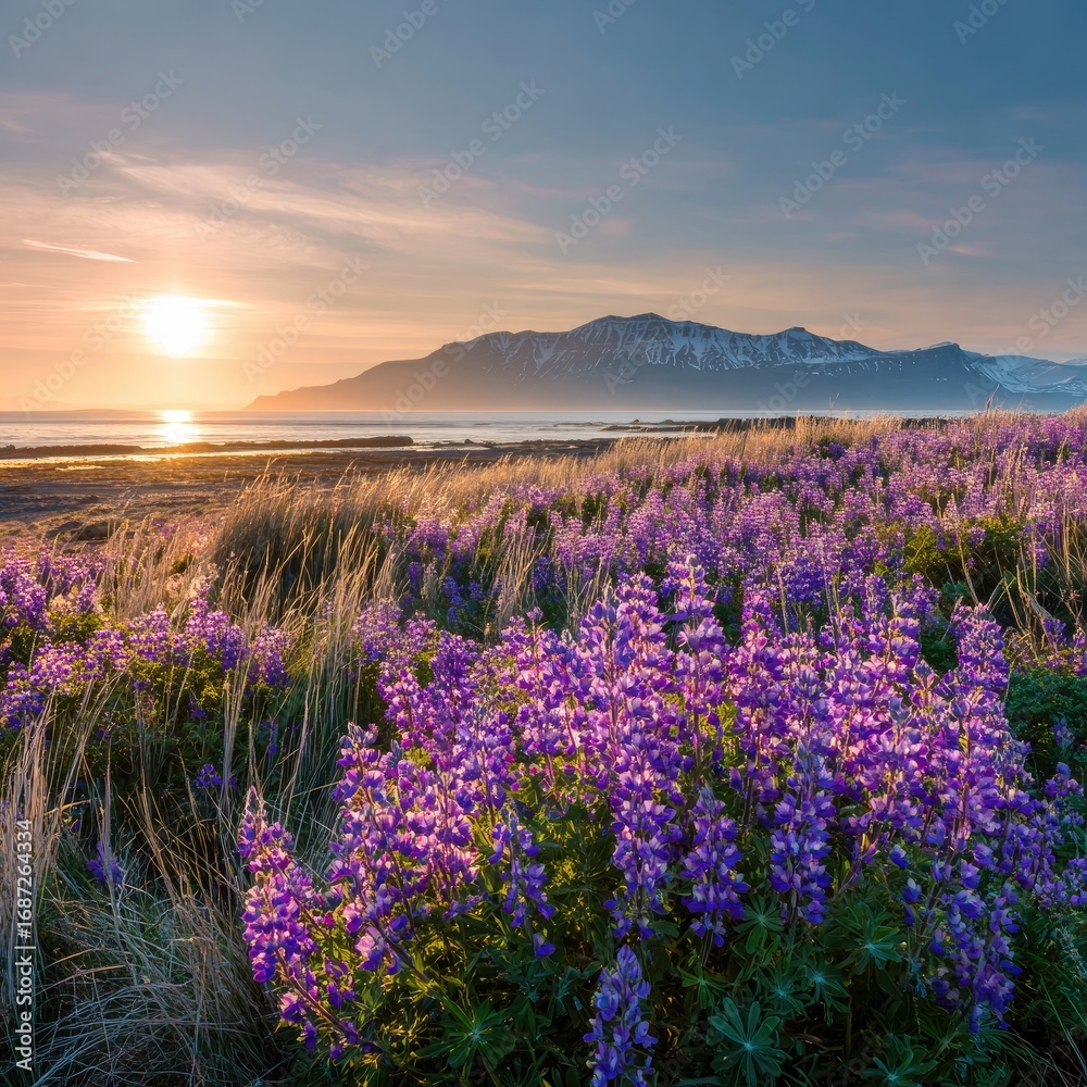 Obraz premium Lush purple lupines bloom along a sunlit beach at dawn, with mountains in the background. Sunrise over a tranquil coastal landscape