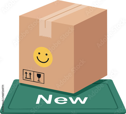Cardboard shipping box with smiley sticker on green new label package delivery concept vector illustration