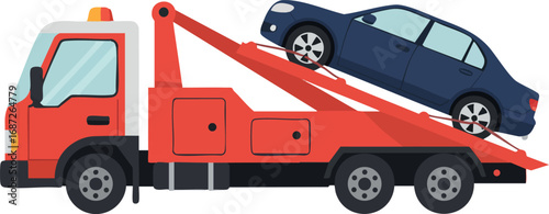 Tow truck carrying blue car on flatbed vehicle for roadside assistance and vehicle recovery service vector illustration