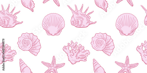 Hand drawn marine life background with pink seashells, coastal, starfish. Seamless coastal pattern. Summer wallpaper, cover, nautical backdrop, textile design, fabric print, wrapping paper. 