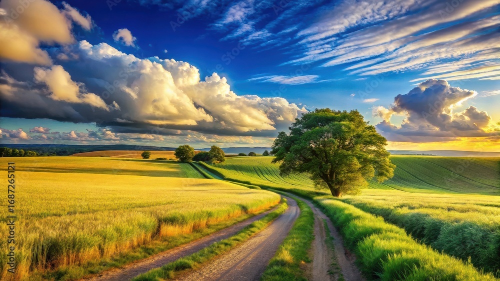 Obraz premium Serene Countryside Vista Rolling Fields, Dirt Road, and a Majestic Tree Under a Dramatic Sky