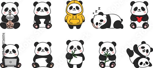 Cartoon panda vector set, cute character poses and activities for kids, playful design for nursery, children’s book, decor, clipart