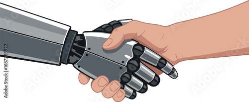 handshake vector illustration Human and Robot Handshake AI Technology Partnership Cooperation between Human and Artificial Intelligence