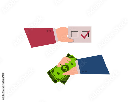 A hand holding cash receives a ballot with a checkmark, illustrating a concept of financial transaction related to voting or elections