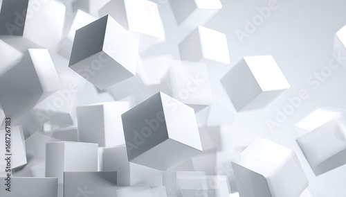 Abstract background of many white cubes in 3D space
