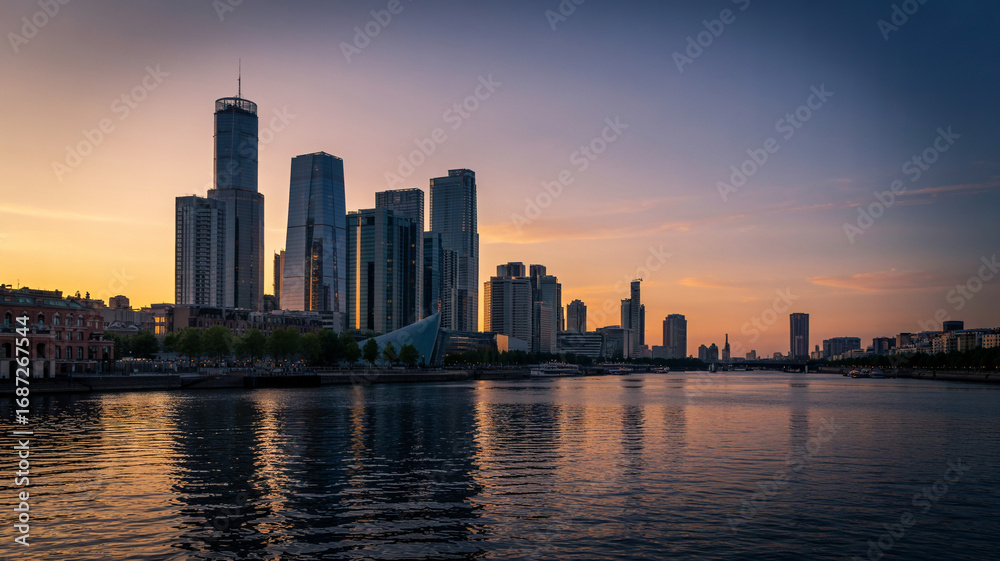 Obraz premium Reflections of dusk dance on glass towers along the iver