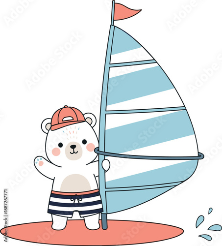 Cartoon white bear windsurfing, summer beach character, water sport mascot, kids illustration, vector art, cad drawing flat vector illustration