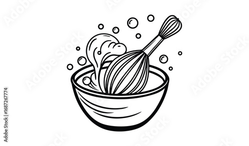 Hand drawn illustration of a whisk mixing batter in a bowl with bubbles