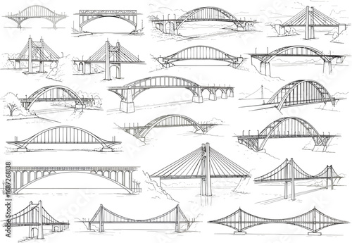 Collection of hand drawn architectural sketches illustrating diverse bridge designs and engineering structures in black and white