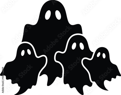 Silhouette of four spooky ghosts, perfect for Halloween-themed designs, invitations, or decorations with a ghostly touch