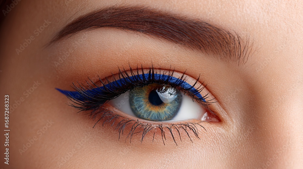 Obraz premium Close-up of a beautiful female eye with striking blue eyeliner, showcasing vibrant blue iris and long eyelashes, emphasizing beauty and makeup artistry in a captivating manner