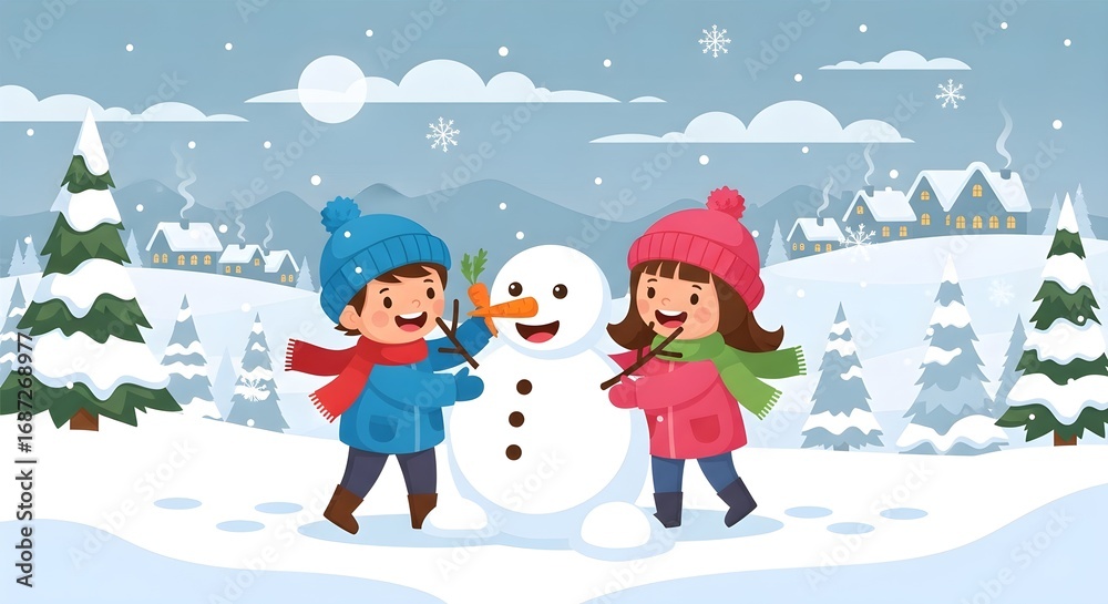 Fototapeta premium children playing with snow and make snowman