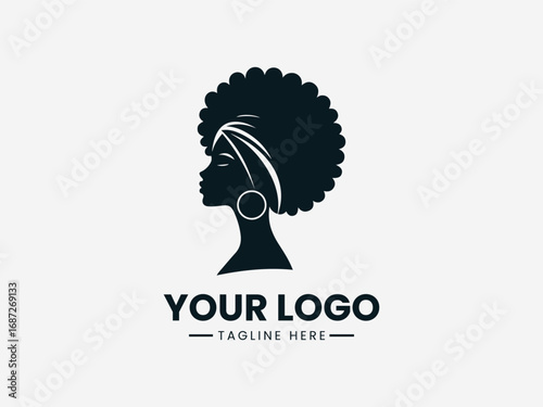 African woman silhouette vector logo with natural afro hairstyle headwrap and earrings