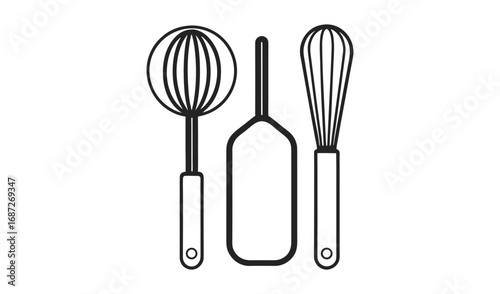 Simple line drawing of three kitchen utensils whisk spatula and spoon