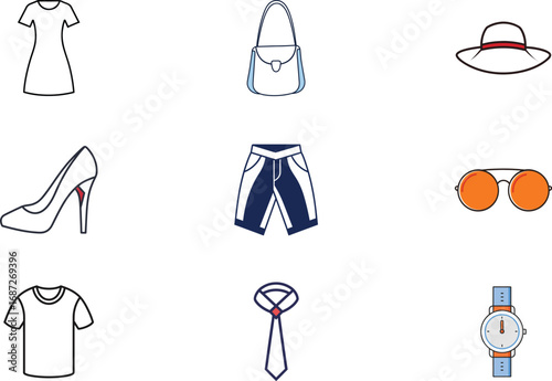 Collection clothing accessory icons including dress shorts hat handbag shoe