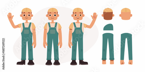 Cartoon construction worker character with separate body parts for animation and design