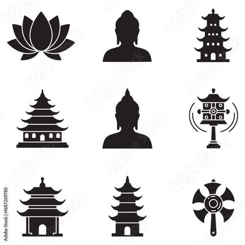 Collection of minimalist black silhouette icons representing Buddhist and Asian spiritual symbols.