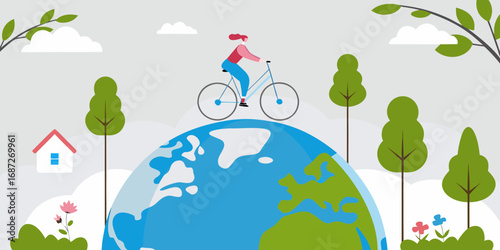 Woman riding bicycle on top of planet earth with trees and house in background symbolizing eco friendly lifestyle