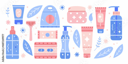 A collection of cute pink and blue skincare products and botanical elements