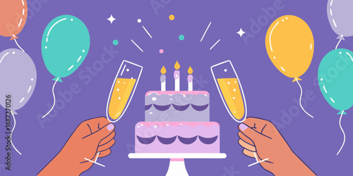 Celebration with a two tiered cake champagne flutes and balloons for a birthday party