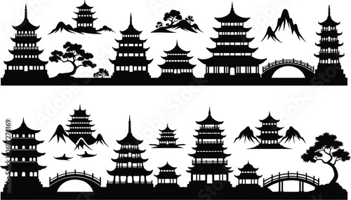 Silhouettes of traditional asian pagodas and bridges set against mountain and tree landscapes