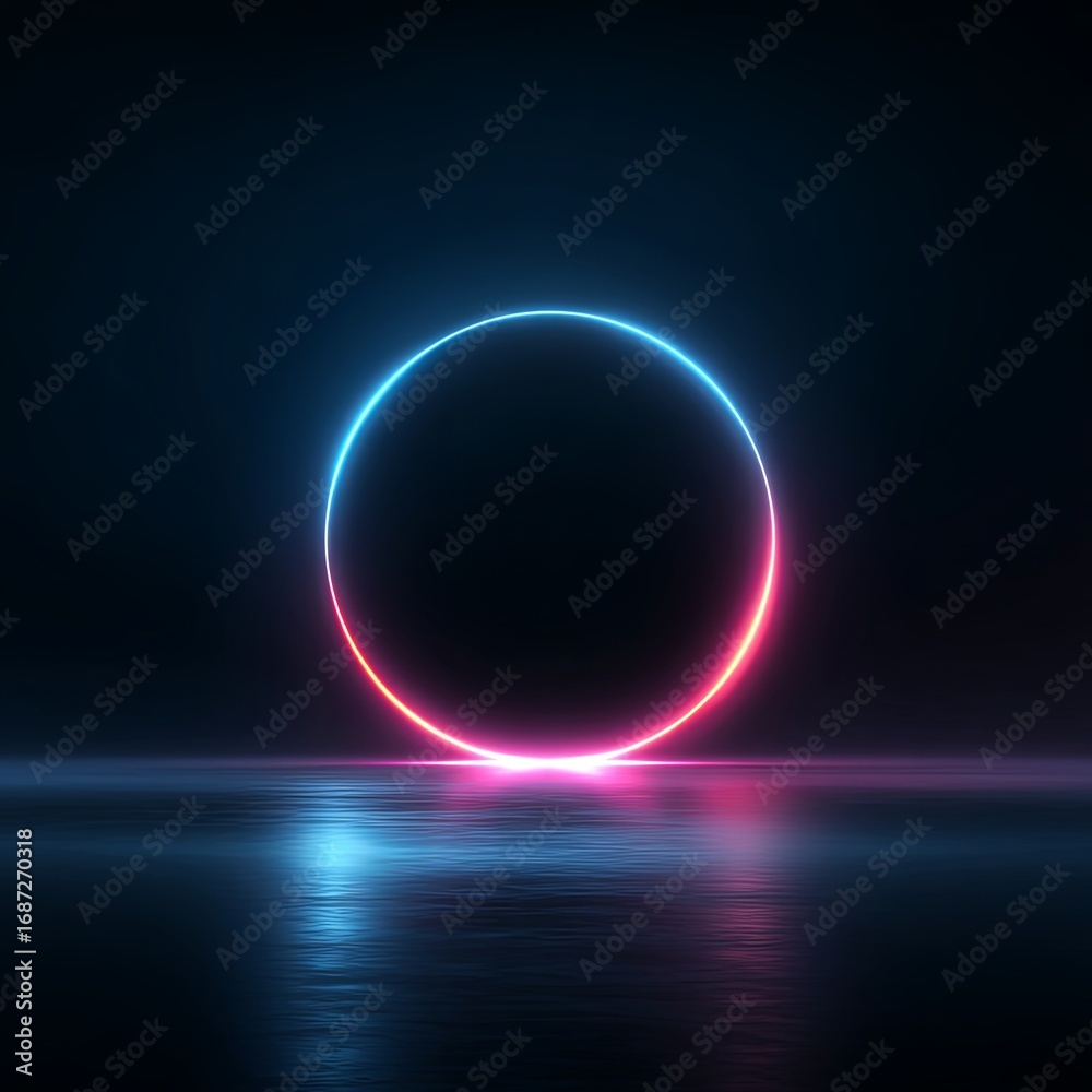 Obraz premium Neon Gradient Circle Floating on Reflective Dark Surface