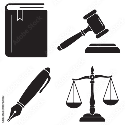 Legal symbols collection featuring a book, gavel, ink pen, and scales of justice on a white background.