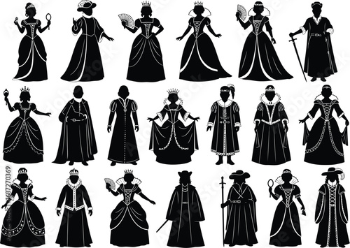 Collection of silhouetted figures of women in elaborate historical gowns and regal attire standing in rows
