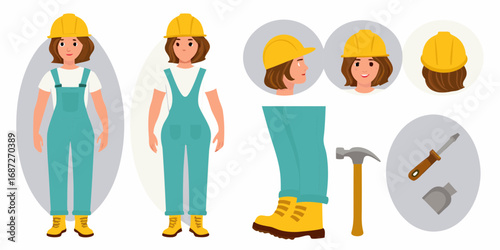 Female construction worker with tools and different views of her head and legs in a flat design style