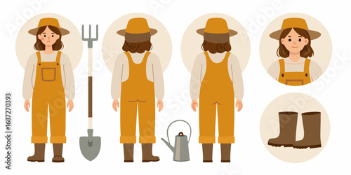 Illustration of a farmer character in different views with gardening tools and accessories